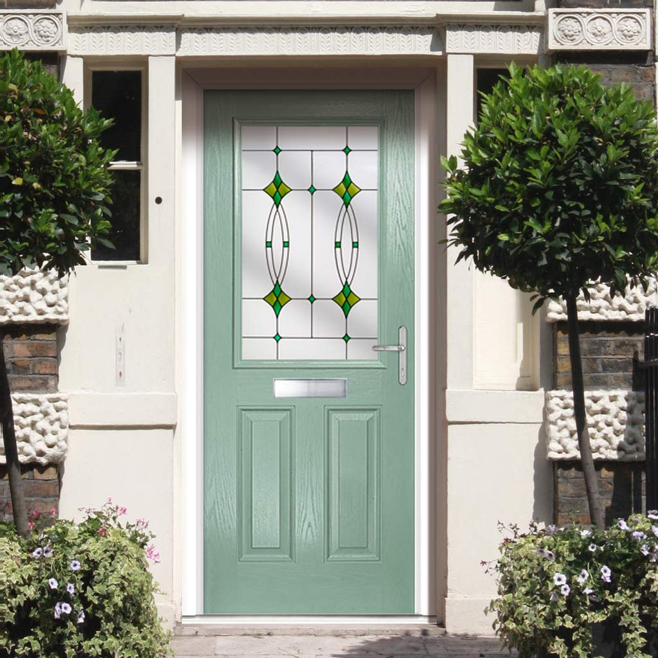 Premium Composite Front Door Set - Mulsanne 1 Laptev Green Glass - Shown in Chartwell Green