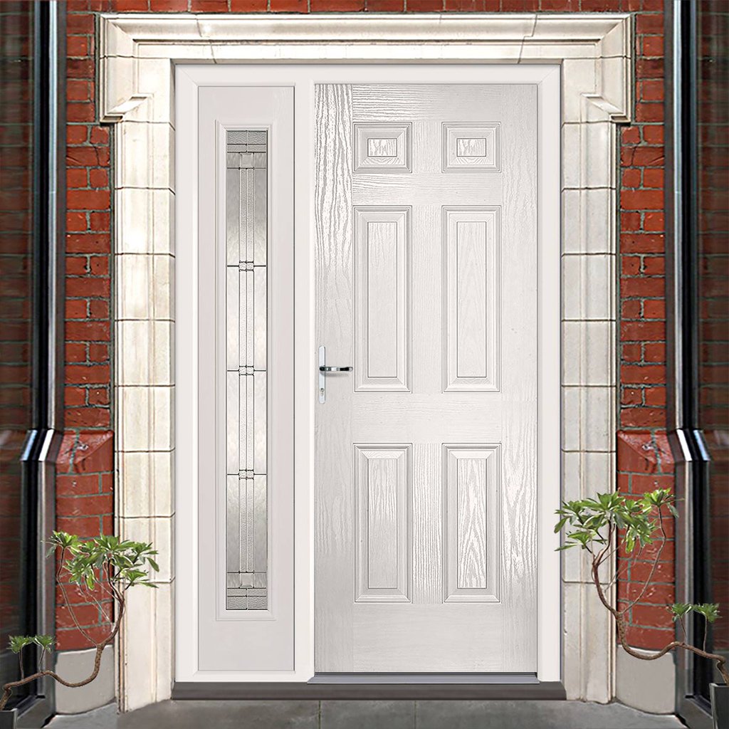 GRP White Colonial 6 Panel Composite Door - Leaded Single Sidelight