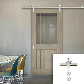 Image: Saturn Tubular Stainless Steel Sliding Track & Belize Light Grey Door  - Clear Glass Frosted Lines - Prefinished