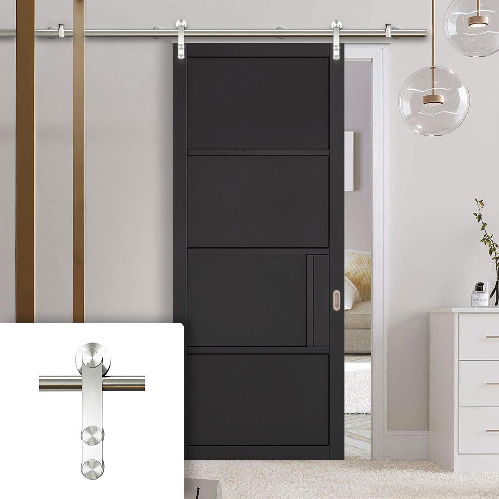 Saturn Tubular Stainless Steel Sliding Track & Chelsea 4 Panel Black Primed Door