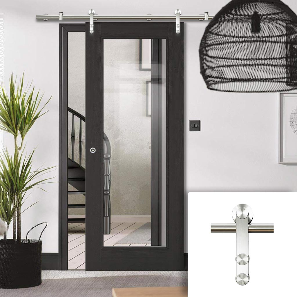 Saturn Tubular Stainless Steel Sliding Track & Diez Charcoal Black 1L Door - Raised Mouldings - Clear Glass - Prefinished