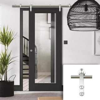 Image: Saturn Tubular Stainless Steel Sliding Track & Diez Charcoal Black 1L Door - Raised Mouldings - Clear Glass - Prefinished