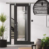 Saturn Tubular Stainless Steel Sliding Track & Diez Charcoal Black 1L Door - Raised Mouldings - Clear Glass - Prefinished