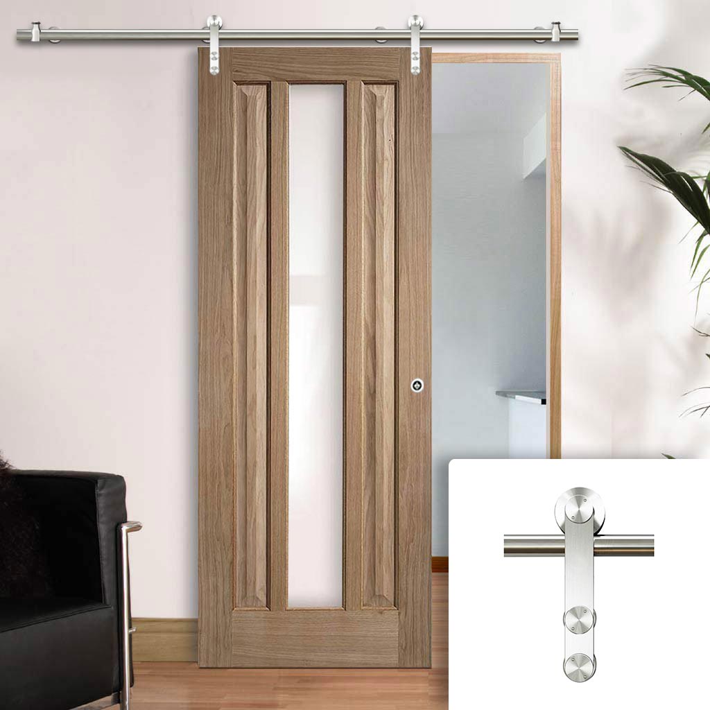 Saturn Tubular Stainless Steel Sliding Track & Kilburn 1 Pane Oak Door - Clear Glass - Unfinished