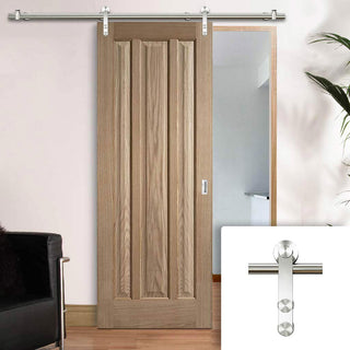 Image: Saturn Tubular Stainless Steel Sliding Track & Kilburn 3 Panel Oak Door - Unfinished