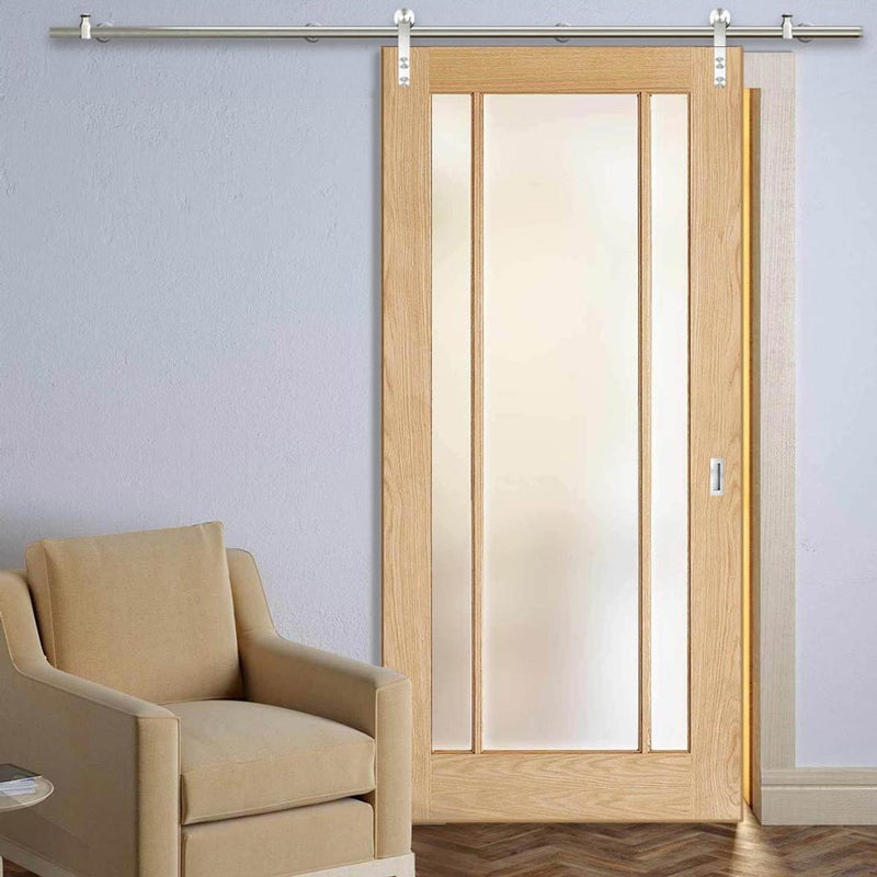 Saturn Tubular Stainless Steel Sliding Track & Lincoln 3 Pane Oak Door - Frosted Glass - Unfinished