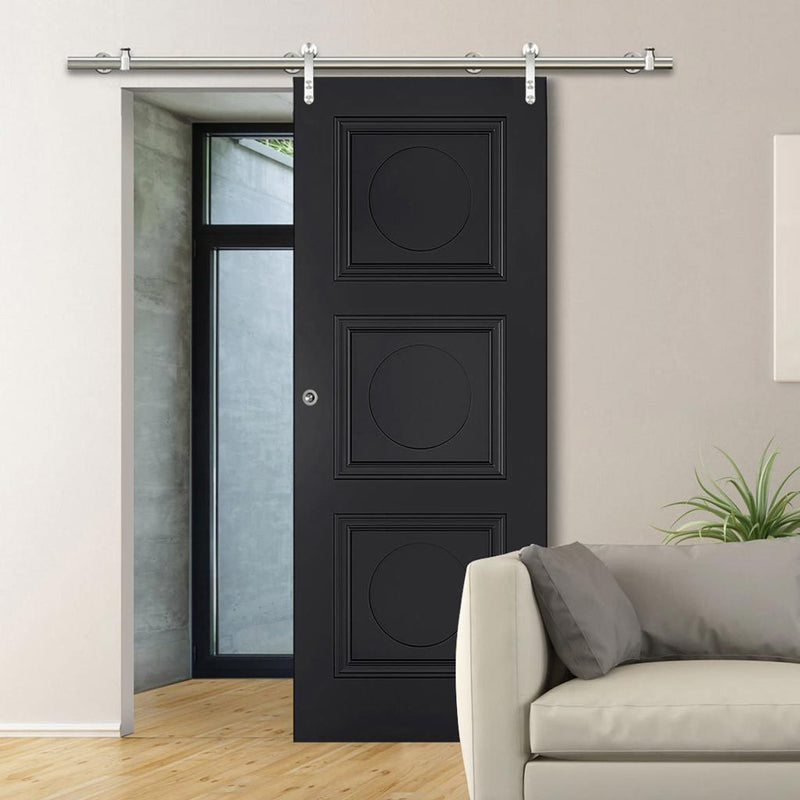 Saturn Tubular Stainless Steel Sliding Track & Antwerp 3 Panel Black Primed Door