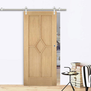 Image: Saturn Tubular Stainless Steel Sliding Track & Reims Diamond 5 Panel Oak Door - Prefinished