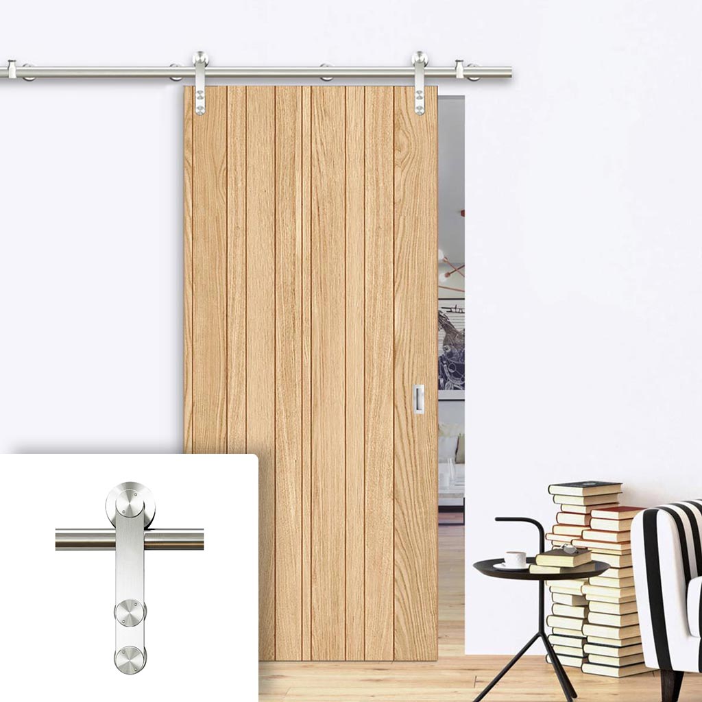 Saturn Tubular Stainless Steel Sliding Track & Montreal Oak Flush Internal Door - Prefinished