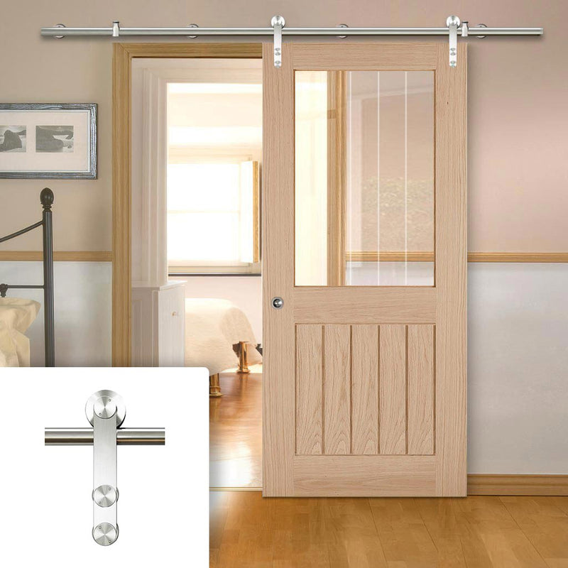 Saturn Tubular Stainless Steel Sliding Track & Belize Oak Door - Silkscreen Etched Clear Glass - Unfinished