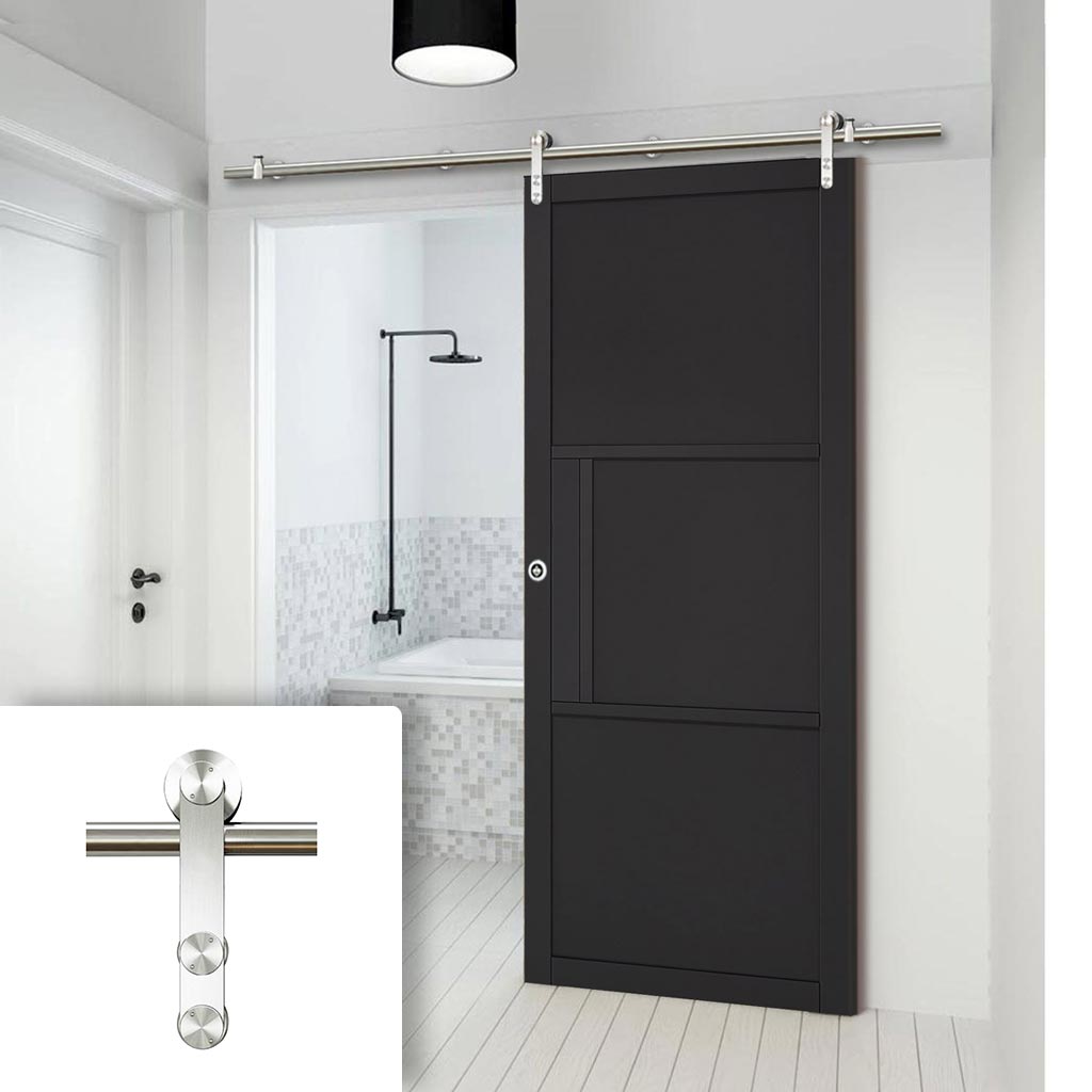 Saturn Tubular Stainless Steel Sliding Track & Tribeca 3 Panel Black Painted Door - Prefinished