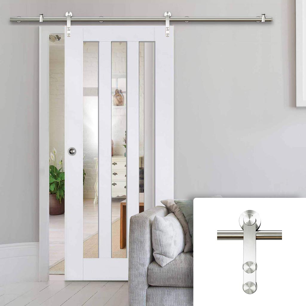 Saturn Tubular Stainless Steel Sliding Track & Utah 3 Pane Door - Clear Glass - Primed