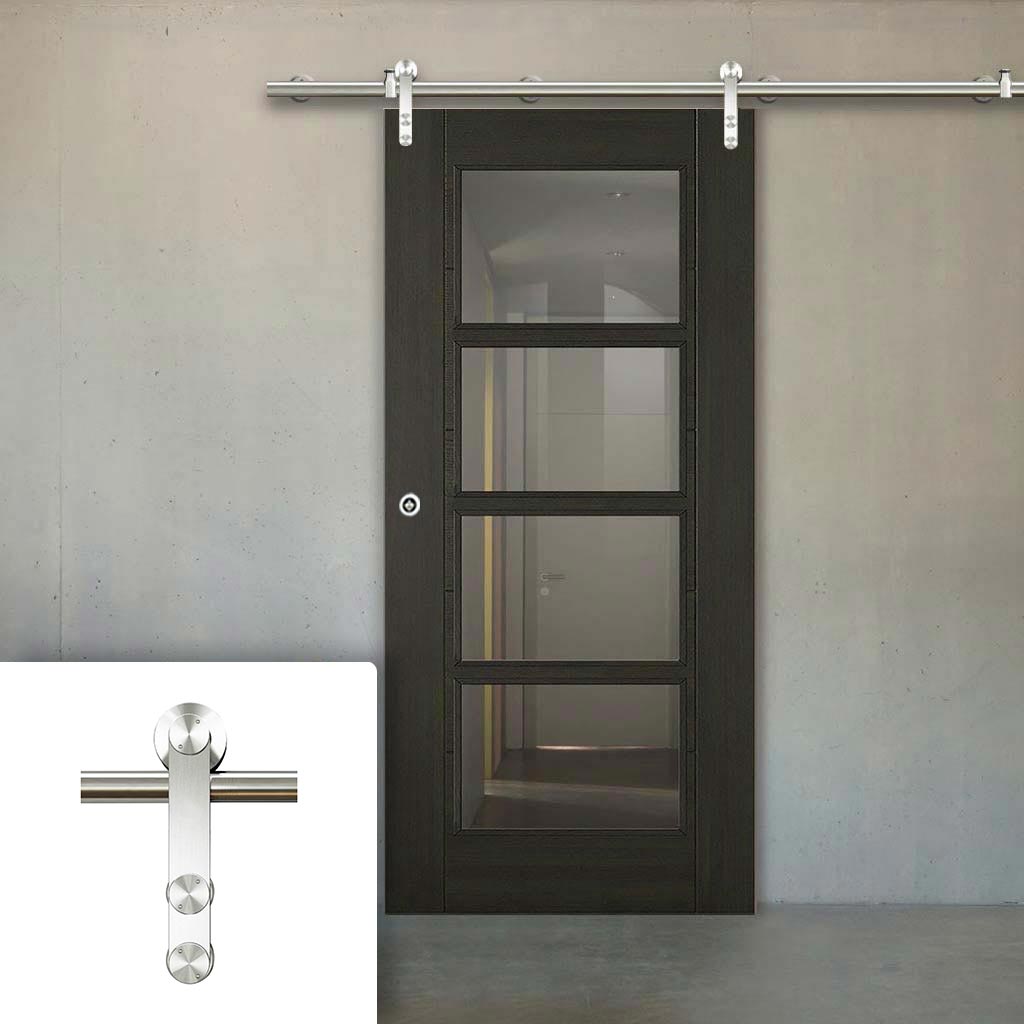 Saturn Tubular Stainless Steel Sliding Track & Vancouver Smoked Oak Internal Doors - Clear Glass - Prefinished