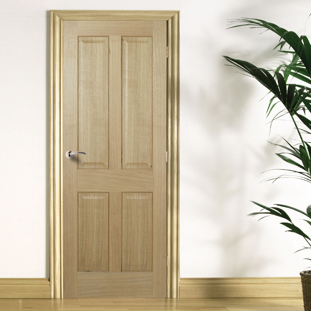 FD30 Fire Door, Regency 4 Panel Oak Door - No Raised Mouldings - 1/2 Hour Fire Rated - Prefinished