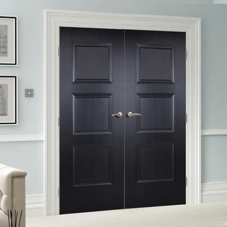 Image: Amsterdam 3 Panel Black Primed Fire Door Pair - 1/2 Hour Fire Rated