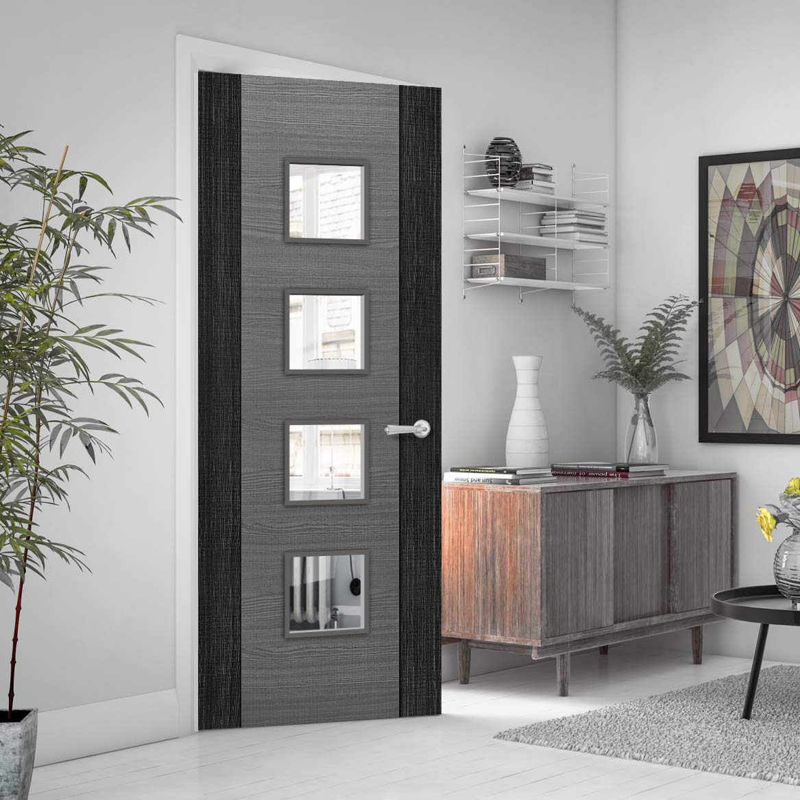 Bespoke Fire Door - Flush Dark Grey Panel - American Light Grey Ash Veneer - 30 Minute Fire Rated - Clear Glass - 09 - Prefinished