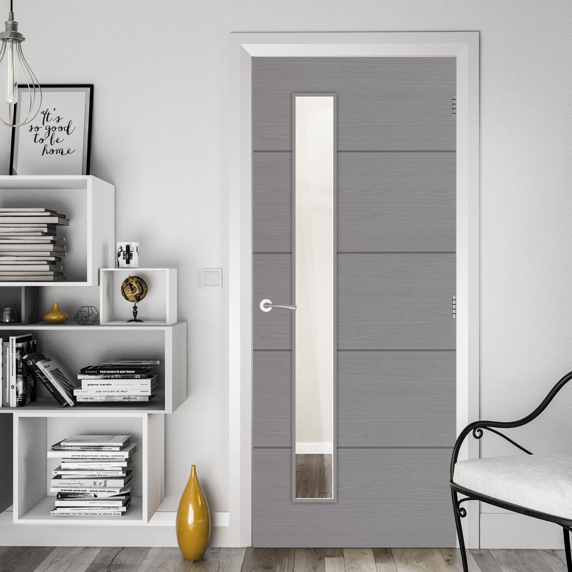 Bespoke Door - Flush Horizontal Grey Inlay - American Light Grey Ash Veneer - Clear Glass - 06 - Prefinished