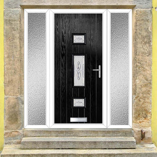 Image: Cottage Style Firenza 3 Composite Front Door Set with Double Side Screen - Hnd Elderton Glass - Shown in Black
