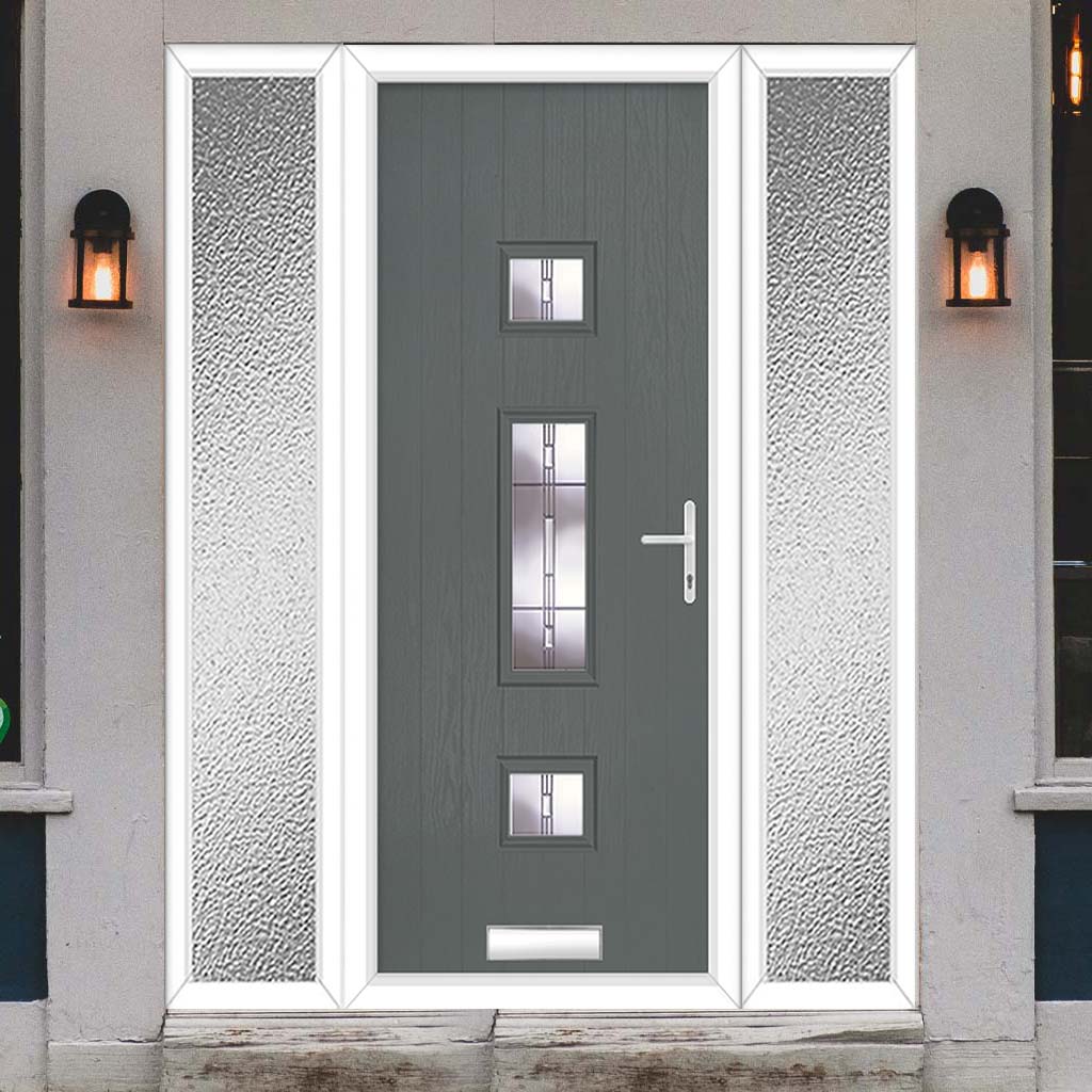 Cottage Style Firenza 3 Composite Front Door Set with Double Side Screen - Hnd Barite Glass - Shown in Mouse Grey