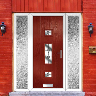 Image: Cottage Style Firenza 3 Composite Front Door Set with Double Side Screen - Hnd Diamond Grey Glass - Shown in Red