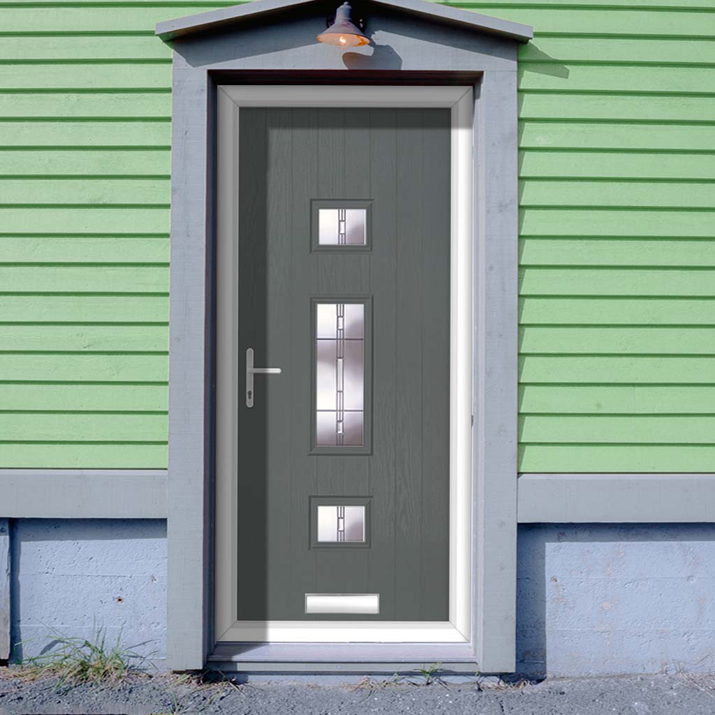 Cottage Style Firenza 3 Composite Front Door Set with Hnd Barite Glass - Shown in Mouse Grey