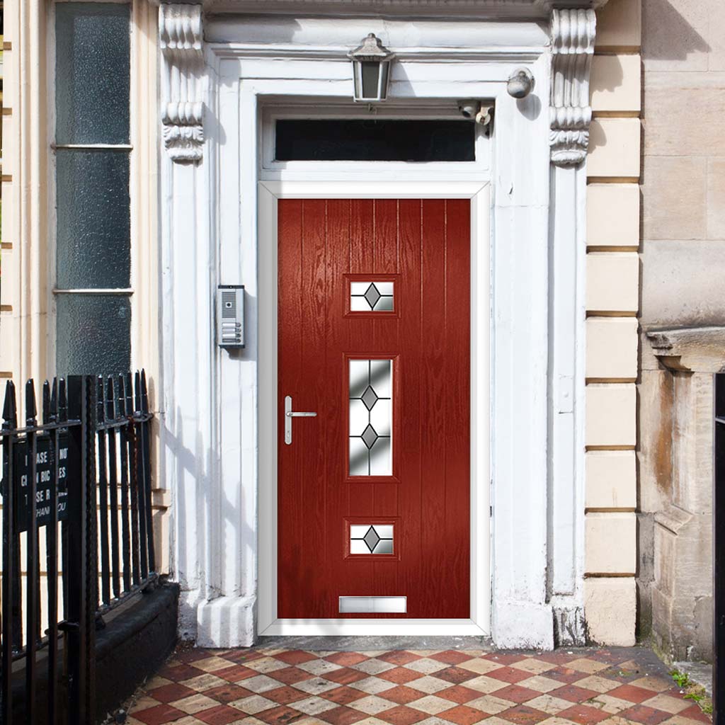 Cottage Style Firenza 3 Composite Door Set with Hnd Diamond Grey Glass - Shown in Red