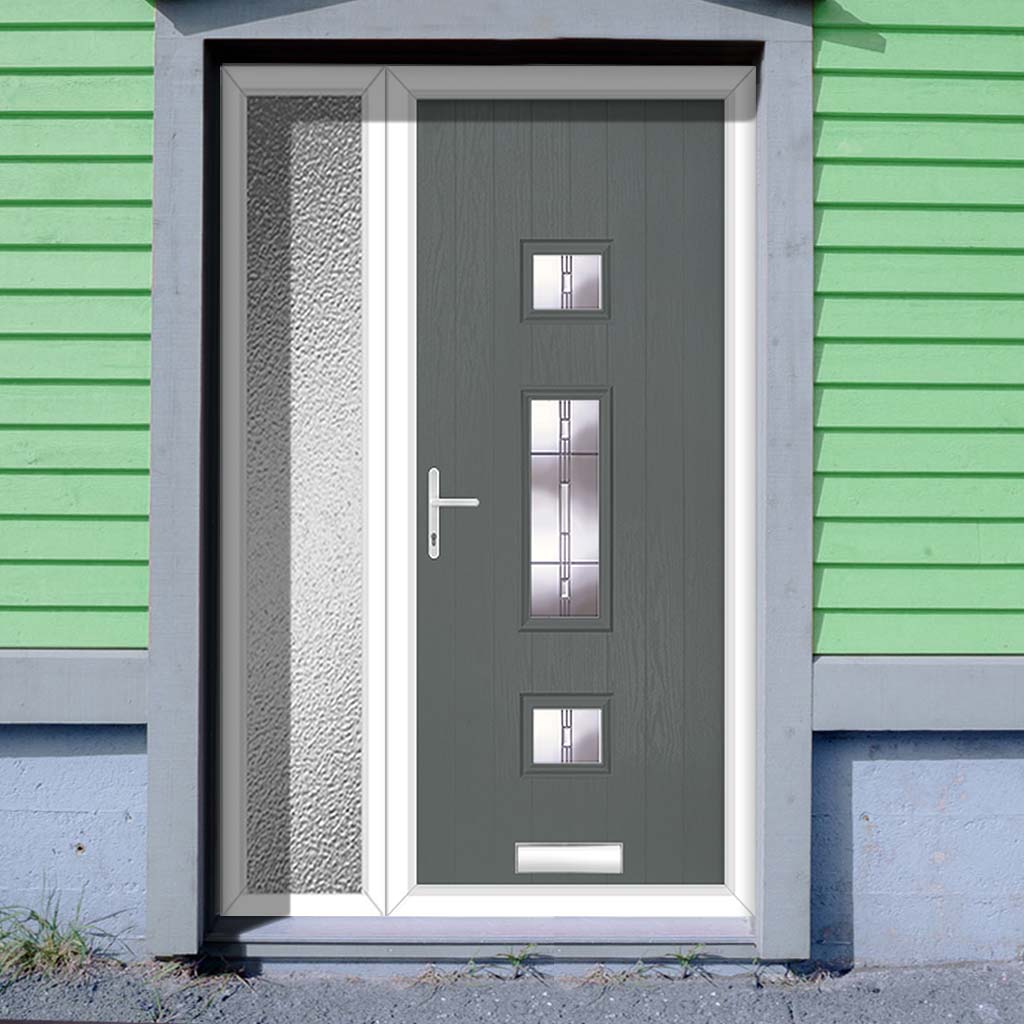 Cottage Style Firenza 3 Composite Front Door Set with Single Side Screen - Hnd Barite Glass - Shown in Mouse Grey