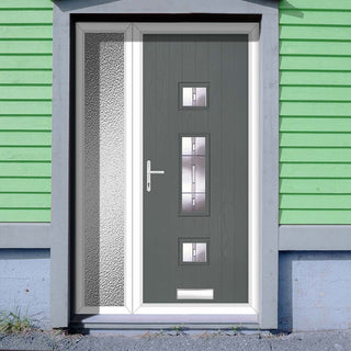 Image: Cottage Style Firenza 3 Composite Front Door Set with Single Side Screen - Hnd Barite Glass - Shown in Mouse Grey