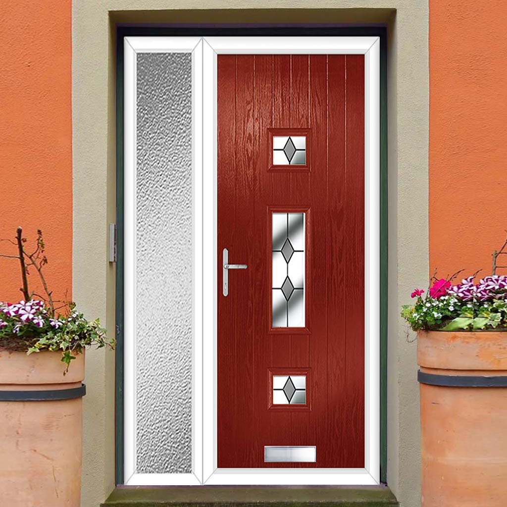 Cottage Style Firenza 3 Composite Front Door Set with Single Side Screen - Hnd Diamond Grey Glass - Shown in Red