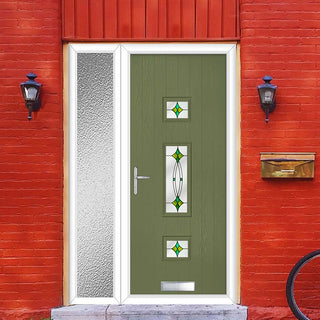 Image: Cottage Style Firenza 3 Composite Front Door Set with Single Side Screen - Hnd Laptev Green Glass - Shown in Reed Green