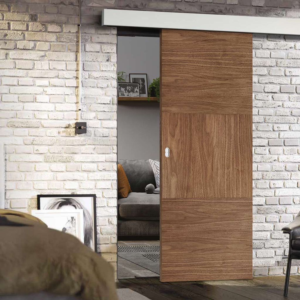 Single Sliding Door & Wall Track - Tres Walnut Flush Door - Prefinished