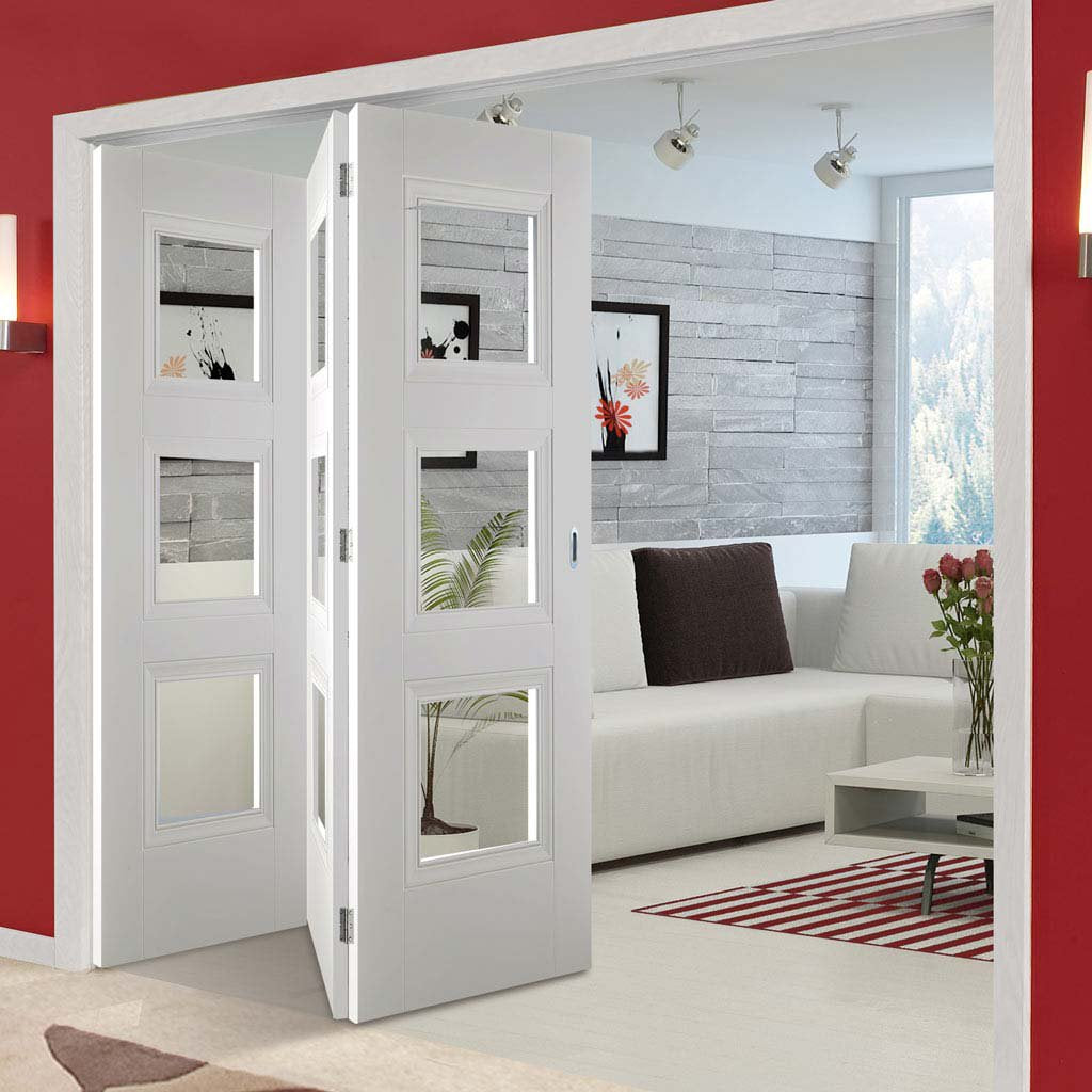 Three Folding Doors & Frame Kit - Amsterdam 3 Panel 3+0 - Clear Glass - White Primed