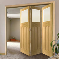 Three Folding Doors & Frame Kit - 1930's Oak Solid 3+0 - Frosted Glass - Unfinished