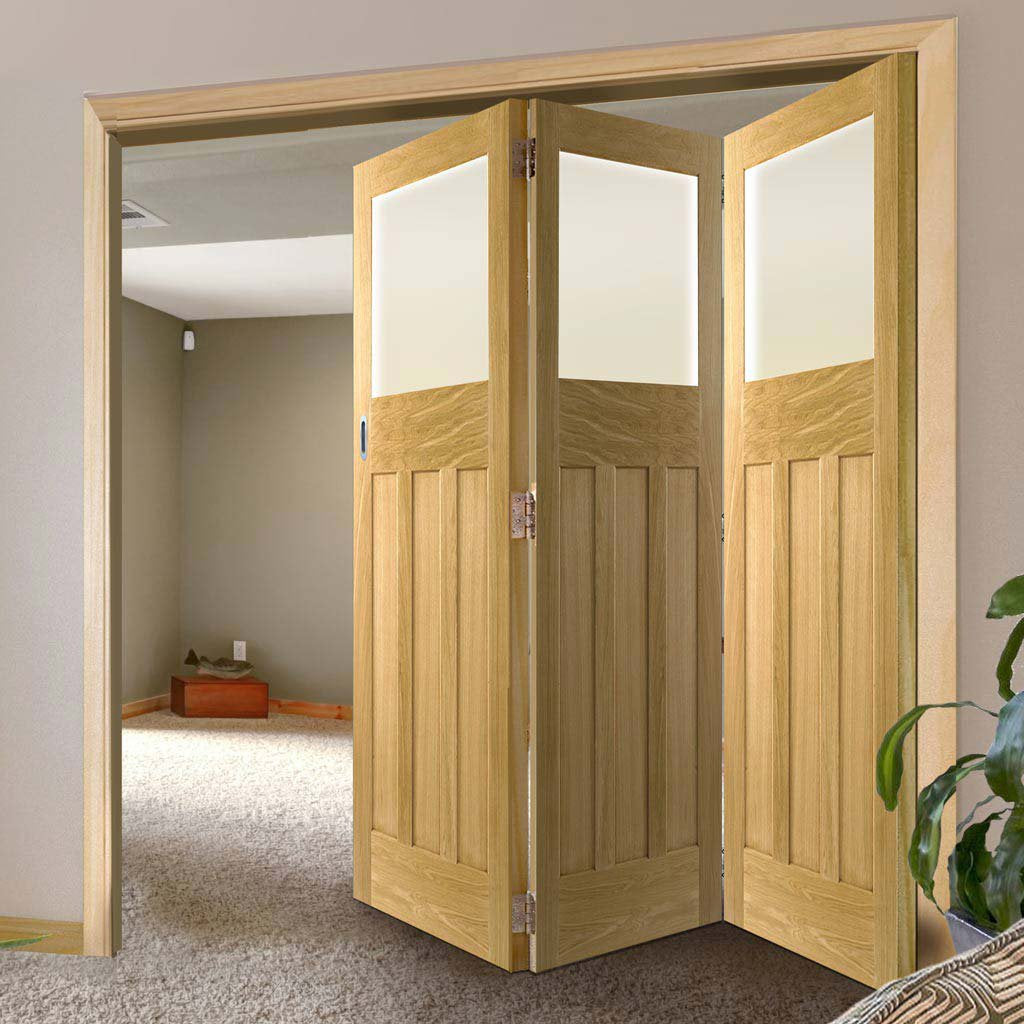Three Folding Doors & Frame Kit - 1930's Oak Solid 3+0 - Frosted Glass - Unfinished