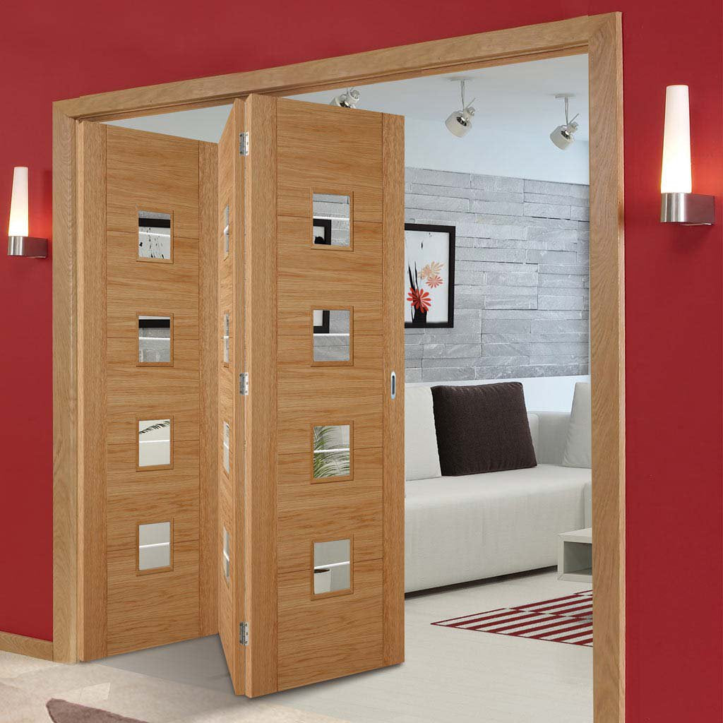 Three Folding Doors & Frame Kit Vancouver 4 Pane Oak 3+0 Diamond Lin