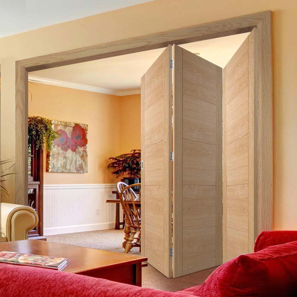Three Folding Doors & Frame Kit - Vancouver 5 Panel Effect Flush Oak 3+0 - Prefinished
