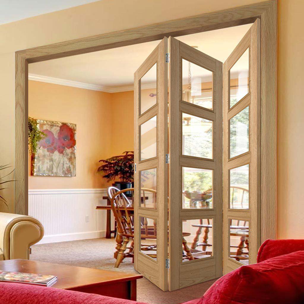 Three Folding Doors & Frame Kit - Vancouver 4 Pane Oak 3+0 - Clear Glass - Prefinished