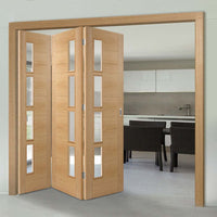 Three Folding Doors & Frame Kit - Vancouver 4 Pane Oak 3+0 - Clear Glazed Offset - Prefinished