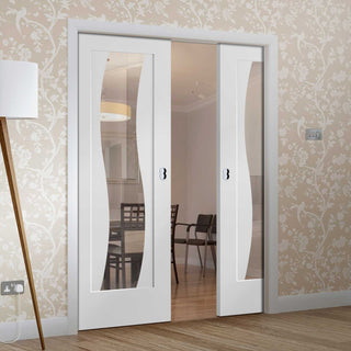Image: Florence White Double Evokit Pocket Doors - Clear Glass and Stepped Panel Design - Prefinished