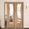 Florence Oak Staffetta Twin Telescopic Pocket Doors - Clear Glass and Stepped Panel Design - Prefinished