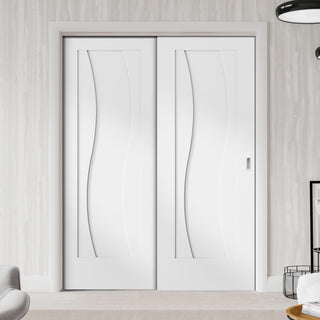 Image: Florence White Flush Staffetta Twin Telescopic Pocket Doors - Stepped Panel Design - Prefinished