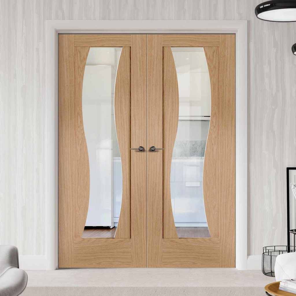 Florence Oak Door Pair - Clear Glass - Stepped Panel Design - Prefinished