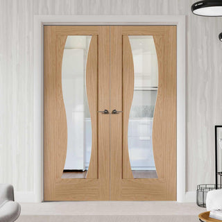 Image: Florence Oak Door Pair - Clear Glass - Stepped Panel Design - Prefinished