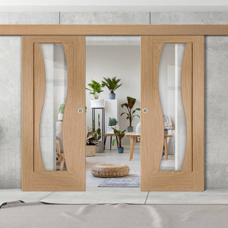 Image: Double Sliding Door & Wall Track - Florence Oak Door - Stepped Panel Design - Clear Glass - Prefinished