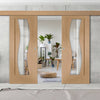 Double Sliding Door & Wall Track - Florence Oak Door - Stepped Panel Design - Clear Glass - Prefinished