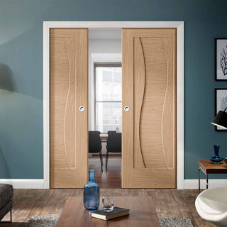 Image: Florence Oak Flush Double Evokit Pocket Doors - Stepped Panel Design - Prefinished