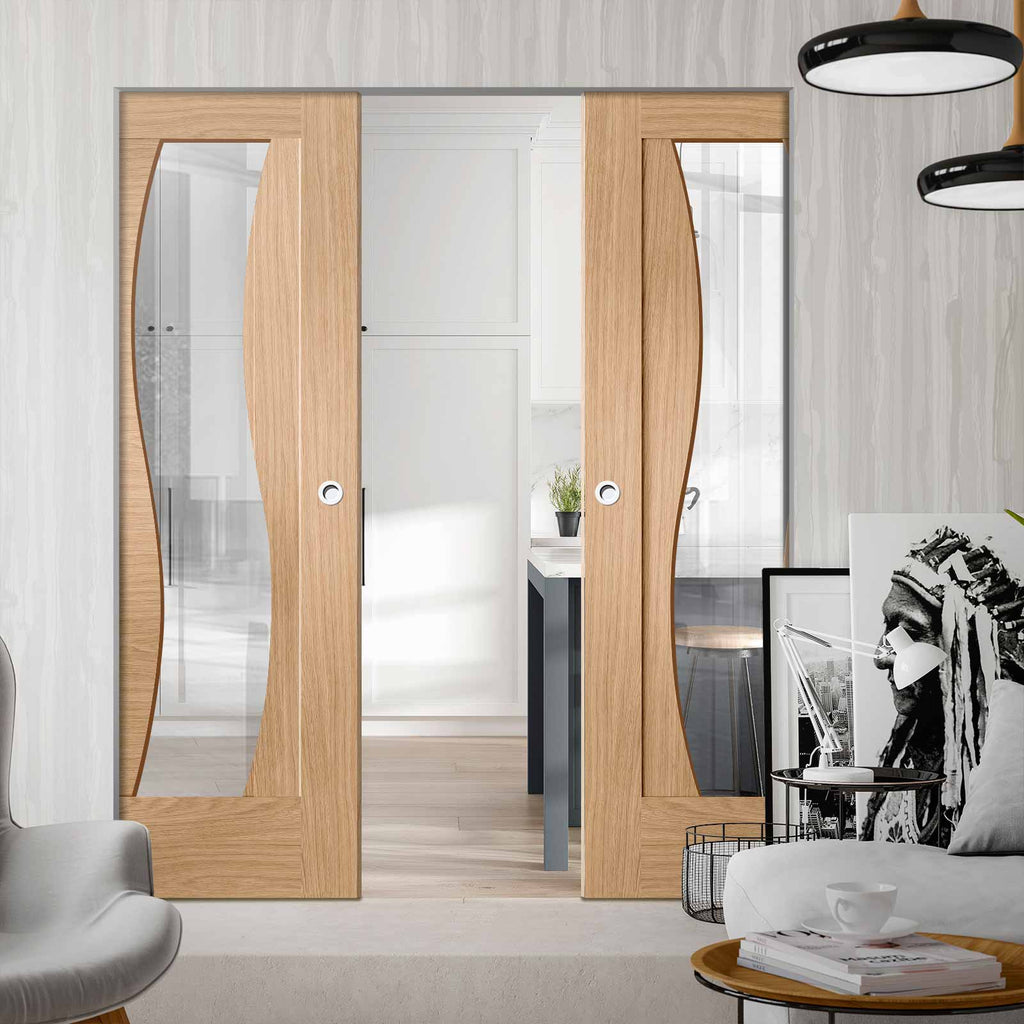 Florence Oak Absolute Evokit Double Pocket Door - Clear Glass and Stepped Panel Design - Prefinished