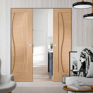 Image: Florence Oak Flush Absolute Evokit Double Pocket Door - Stepped Panel Design - Prefinished