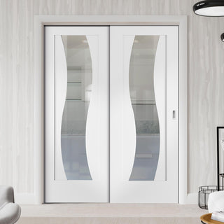 Image: Florence White Staffetta Twin Telescopic Pocket Doors - Clear Glass and Stepped Panel Design - Prefinished