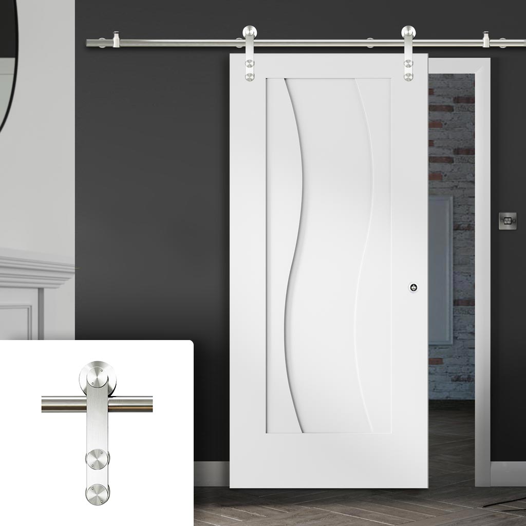 Saturn Tubular Stainless Steel Sliding Track & Florence White Flush Door - Stepped Panel Design - Prefinished
